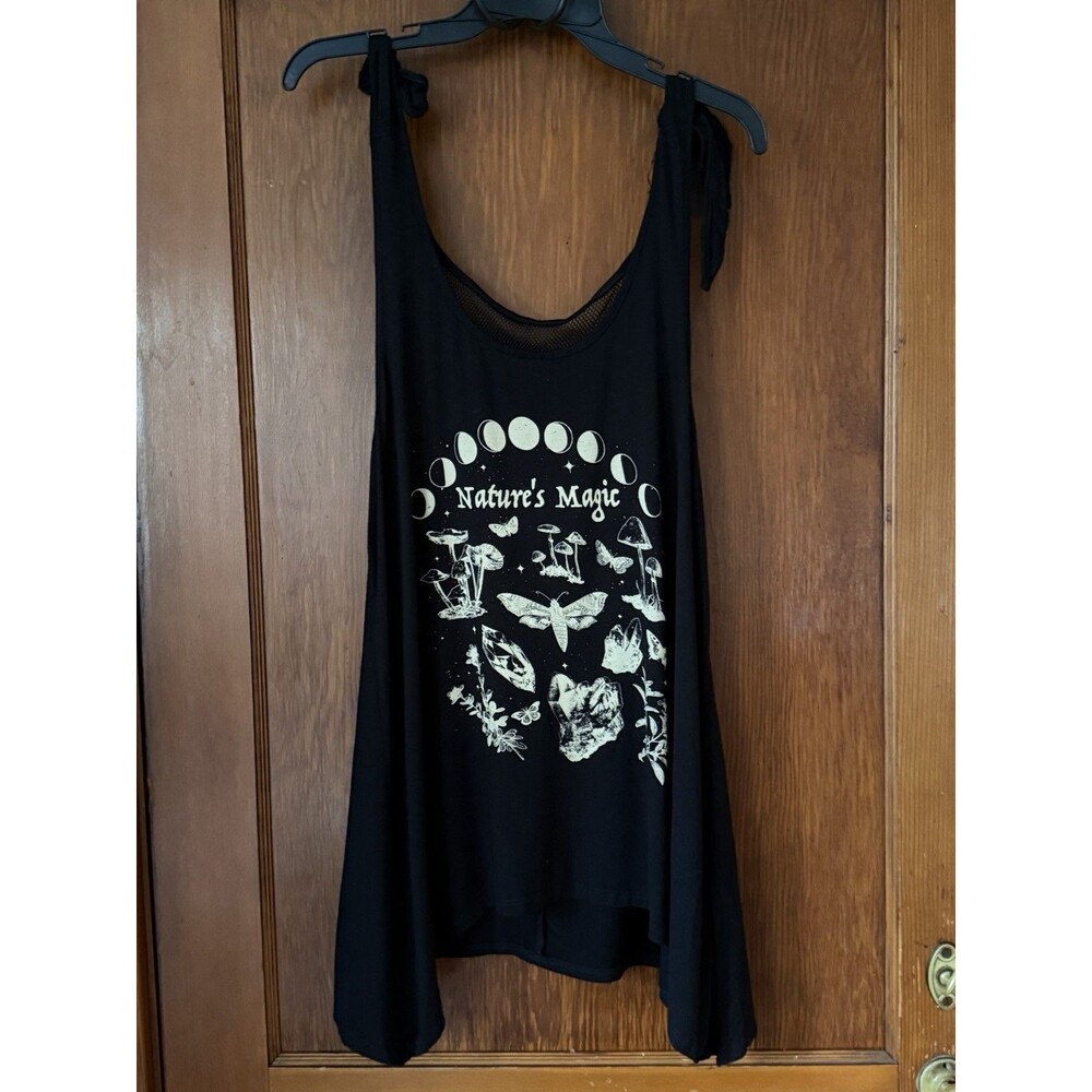 Midnight Hour Black Flowy Tank Top Moon Mushrooms Crystals Moth Mesh Large